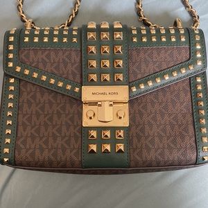 Michael Kors Rose Medium Flap Shoulder Studs Signature Brown Racing Green